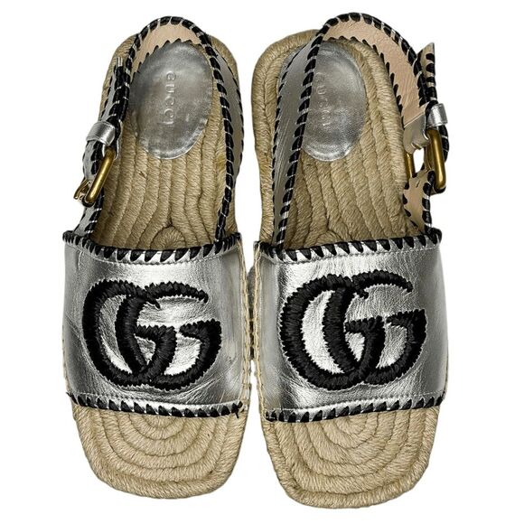 Gucci Pilar GG Espadrille Sandals EU 37 US 7 Metallic Silver Slingback Logo - Picture 2 of 14